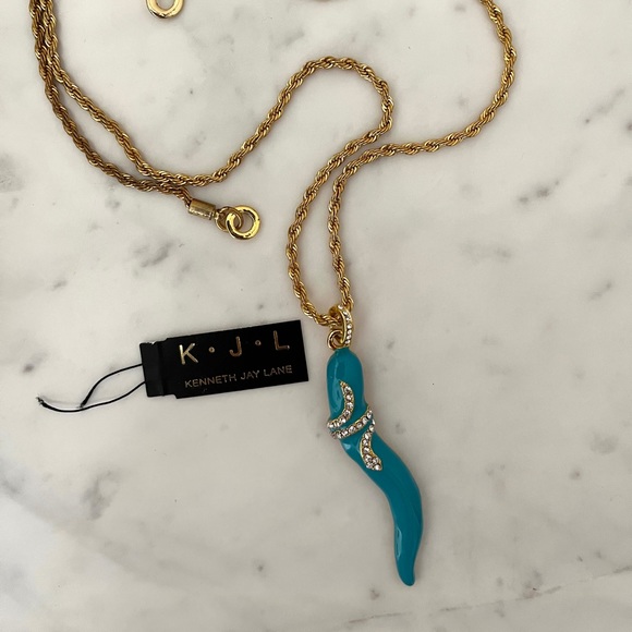 Kenneth Jay Lane Blue & Gold Snake Pendant Necklace Enamel & Golden Chain KJL - Picture 6 of 10
